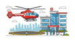 © Bening - Medical helicopter landing at hospital with medical staff ready to receive patient, showcasing emergency medical services and air ambulance transport in city setting