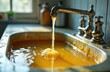 © miss irine - Kitchen sink overflows with yellow cooking oil and water. Grease build-up causes drain blockage and messy situation. Proper disposal prevents this home problem.
