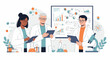 © Nafa Project - Diverse team of scientists in lab coats collaborating, analyzing data on tablets, surrounded by laboratory equipment, chemical structures, and research graphs.