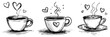 © Aisha Kudorova - Hand drawn coffee cups with hearts set Doodle sketch of hot drinks like tea or cappuccino for cafe menu Vector illustration