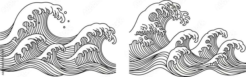 Stylized black and white illustration of powerful ocean waves in motion ...