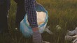© TO LOVE - A man in protective gloves collects garbage with his hands in a trash bag, volunteer work in nature outdoors, cleaning plastic bottles, glasses, napkins on green grass, eco, pollution of nature.