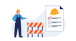 © Mahmudul - Construction worker reviewing a safety checklist near a barricade, emphasizing workplace hazard assessment and compliance procedures.
