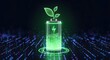 © designhunt - Green energy and sustainable battery storage technology. Clean power solution and environmental innovation. Glowing battery with a circuit board and plant growing on a tech platform.
