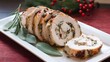 © W.O.W - Sliced roasted turkey roulade with herb stuffing on white plate, perfect for Thanksgiving or Christmas holiday dinner, with festive decor.