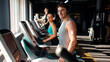 © Home-stock - Man and woman enjoying workout session on treadmills in a well-lit gym, engaging in fitness activities while listening to music in headphones, panorama