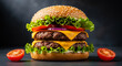 © GfxAkash - Juicy double cheeseburger stacked high with fresh lettuce tomatoes and onions on a sesame seed bun