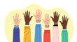 © Jack - Illustration of diverse hands raised up in unity and support against a yellow background with sparkles.