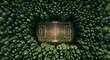 © Md - Isolated football pitch in dense green forest, an aerial drone shot of nature surrounding a sports field