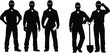 © Hanif World - Construction worker silhouettes, hard hats, blueprint planning, shovel labor, confident stance, teamwork, building industry, engineering, architecture, labor force, vector illustration
