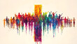 © wolfelarry - Diverse human figures form a colorful cross shape against a muted sky. This abstract art symbolizes unity, faith, community, and shared humanity in a vibrant, graphic style