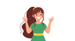 © Lyman - Cheerful cartoon woman with long brown hair in a ponytail and green dress, waving happily.