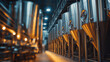 © Suresh Thangavel - Large brewery production line, stainless steel fermentation tanks, automated bottling system, warm ambient lighting, detailed craft beverage environment.
