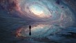 © Musayyab - A solitary figure stands before a swirling galaxy reflected in a still pool, a cosmic mirror showcasing the vastness of space and the beauty of the universe