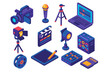 © Александр Михайлюк - Media Tools Icons. Isometric vector illustration set Media Creation and Publishing: video camera, microphone, tripod, laptop,