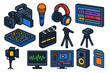 © Александр Михайлюк - Editing Tools Icons. Isometric vector illustration set Video and Audio Editing Tools: video camera, microphone, headphones,