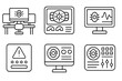 © Sergey - Nuclear Fusion Control Icons. Line style icons of nuclear fusion: control room icon, fusion reactor dashboard, monitoring screen,