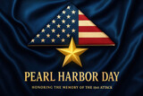 Pearl Harbor Day tribute illustration with a folded American flag, gold star, and memorial text on blue satin. Represents remembrance, honor, and U.S. military heritage