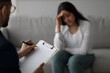 © Prostock-studio - In a medical office, a middle eastern woman shows signs of distress while consulting with a psychologist. The psychiatrist takes notes on a clipboard, providing support during the session.