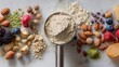 © Ruslan Gilmanshin - Assorted plant-based protein powder in measuring cup surrounded by nuts, seeds, berries, and superfoods on grey background, representing healthy nutrition and fitness lifestyle supplements