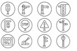 © Olha - Railway Signal Icons. Line style icons of railway signals in round shape: red signal, green signal, semaphore arm, lighted signal;