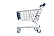 © Yuliia - Empty metal shopping cart isolated on white background, representing retail, commerce, and consumer purchasing behavior.