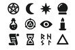 © VideoHub - Mystical Icons Collection. Solid style icons of mystical symbols: pentagram, crescent moon, star, crystal orb, potion bottle,