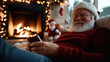 © Milos - Santa comfortably relaxes on a cozy sofa by the fireplace, using his phone, depicting modern holiday leisure surrounded by festive decor and glowing lights.