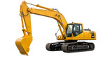Yellow excavator, with articulated boom and bucket on tracks, isolated on transparent background. PNG