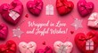 © MarGa - Flat lay of heart shaped gift boxes with glitter tags on pink background. Valentine's Day celebration with presents wrapped in love and joyful wishes. Romantic greeting, anniversary