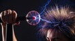 © Ирина Батюк - An electrifying scientific experiment displaying static discharge, generating electrical energy. Brown hair rises with vivid blue plasma arcs around a glowing sphere, demonstrating physics.