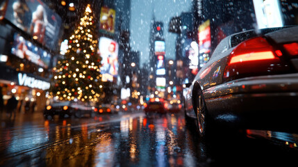 Naklejka na meble This image depicts the reflections of colorful city lights on a rainy street, captured in a close-up of a car, evoking feelings of tranquility in a bustling urban environment.