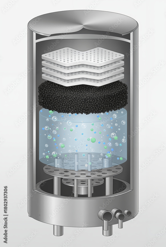 Multi-stage filtration or bioreactor vessel. Cutaway view of industrial ...
