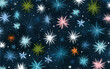 © Tejodi - 어두운 밤하늘을 배경으로 다채로운 별빛 또는 눈송이 모양의 추상적인 패턴이 펼쳐져 축제 분위기를 연출하는 벡터 일러스트레이션입니다.