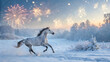 © Анна Ясониди - White horse running in snowy landscape with fireworks in sky