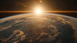 © Shanorsila - A breathtaking view of Earth from space, with the sun rising over the horizon, casting a soft golden glow over the oceans and continents, and a halo of light surrounding the planet