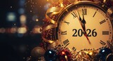 New Year's Eve 2026 countdown clock approaching midnight. Festive holiday background with gold decorations and bokeh lights