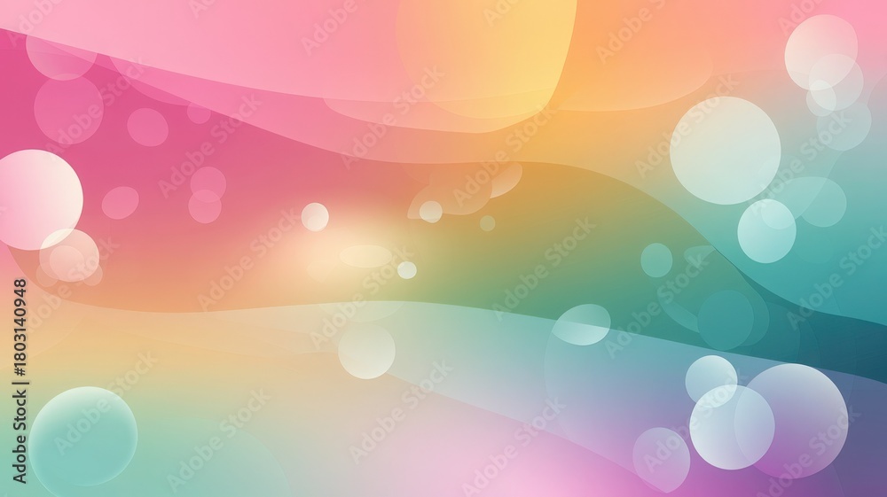Bright pastel colors blend smoothly to create an abstract background. Soft curves and floating bubbles enhance the serene and dreamy feel, perfect for artistic or creative projects.
