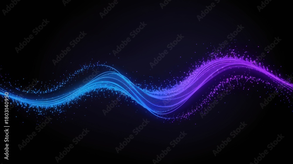 A flowing design features shades of blue and purple creating smooth wave patterns. Sparkling particles enhance the visual appeal, set against a dark backdrop.