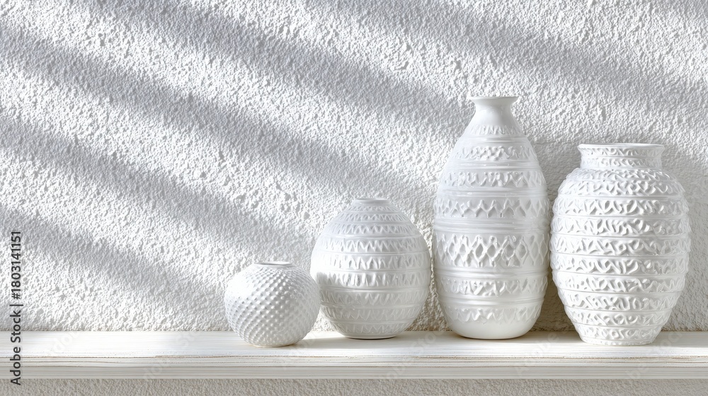 Four white vases of different shapes and sizes are placed on a shelf against a textured wall. Soft shadows add depth, creating a serene and elegant atmosphere in the space.