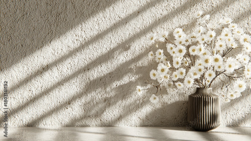A striped vase holds delicate white flowers arranged carefully. Soft light creates shadows on the light-colored wall, adding depth to the calm indoor scene and enhancing its elegance.