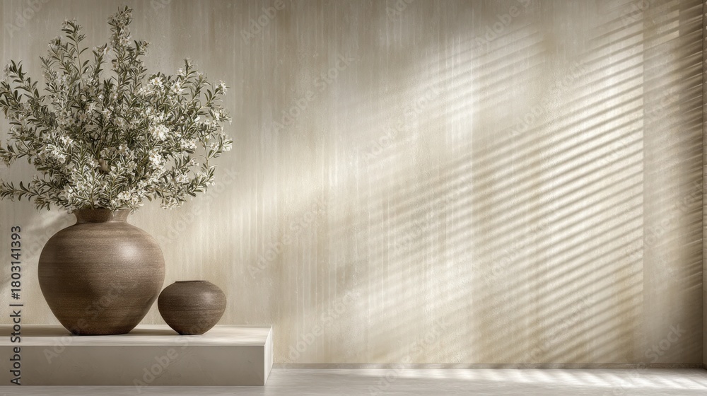 A large vase filled with flowers sits on a wooden shelf in a simple room. Soft, natural light creates striped shadows on the wall, enhancing the tranquil atmosphere.