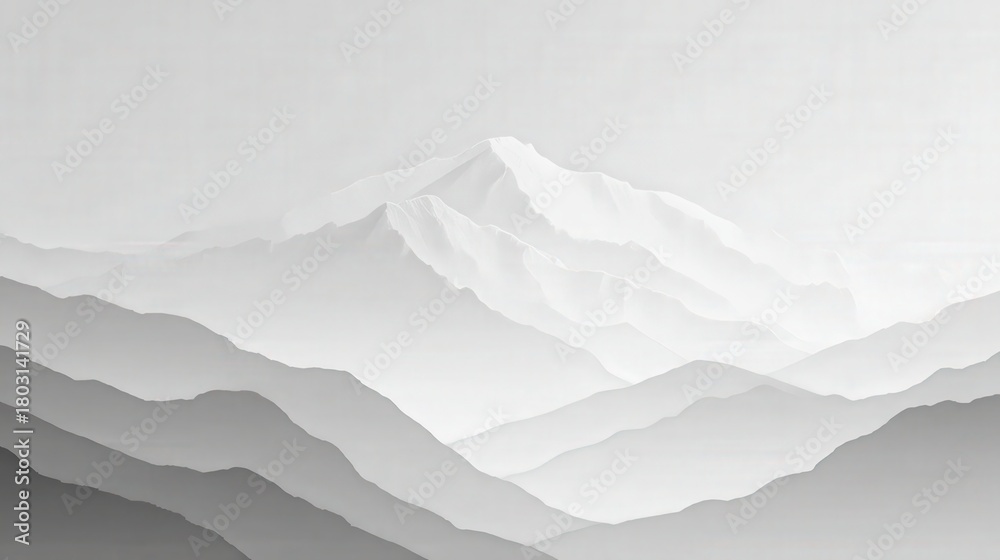 A stunning view of mountainous terrain is captured in gentle black and white shades. Layers of peaks rise in the distance, blending into a serene, foggy atmosphere.