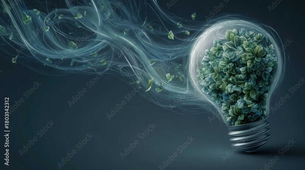 A unique light bulb filled with lush green leaves stands out against a dark background. Wisps of light green smoke swirl around it, symbolizing a blend of nature and creativity.