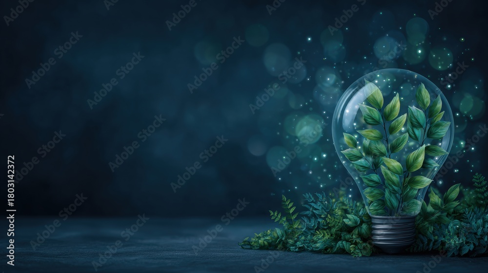 A light bulb filled with lush green leaves rests on a dark surface. Soft glowing particles bring a magical touch to the scene, highlighting themes of innovation and environmental awareness.