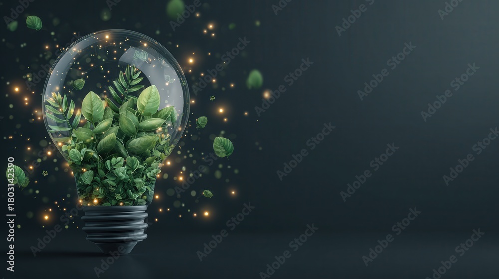 A light bulb is filled with various green plants and leaves. The background is dark, enhancing the brightness of the light bulb and its natural contents.