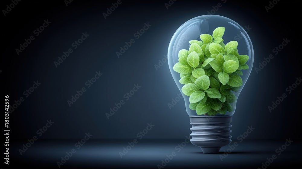 A glass light bulb filled with vibrant green leaves stands out against a dark background.