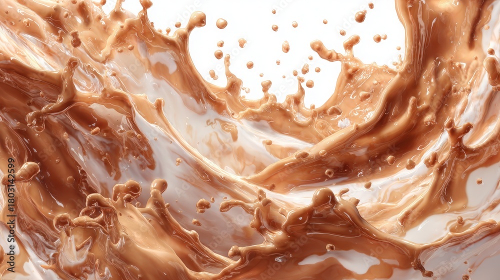 Swirling waves of chocolate and cream create a dynamic splash effect. The mixture of colors and movement captures the vibrant energy of the fluid.