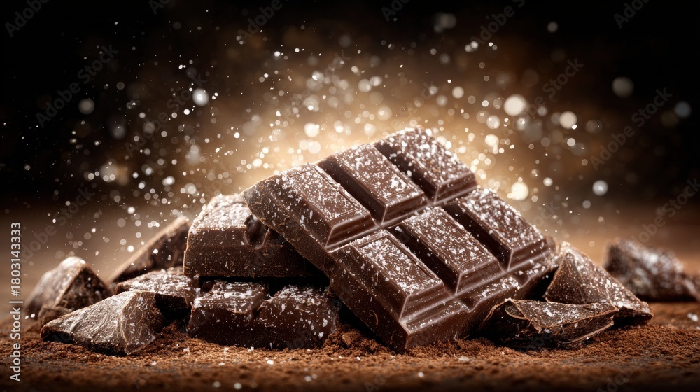 Dark chocolate squares are stacked on a rough surface, surrounded by smaller chunks. A light dusting of cocoa powder falls around, creating a rich and inviting scene.