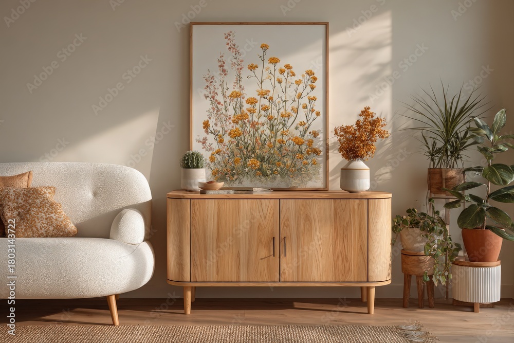 This cozy living room features a soft white sofa and a wooden cabinet adorned with a beautiful floral artwork. Sunlight filters through the window, highlighting indoor plants.